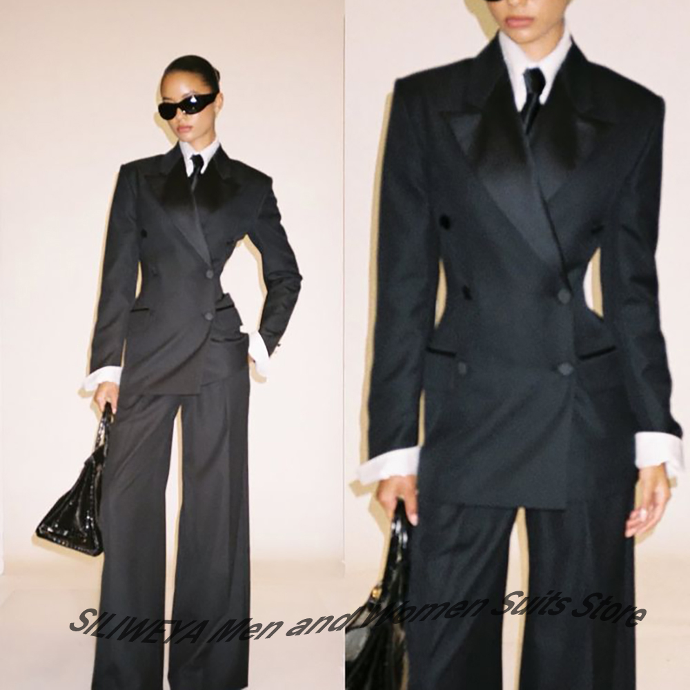 Women Formal Wear Pants - プロフェッショナルな女性のための黒のダブルブレストスーツ、スリムフィットジャケット+パンツセット、フォーマルなタキシード、エレガントなオフィスレディウェア、イブニングアウトフィット