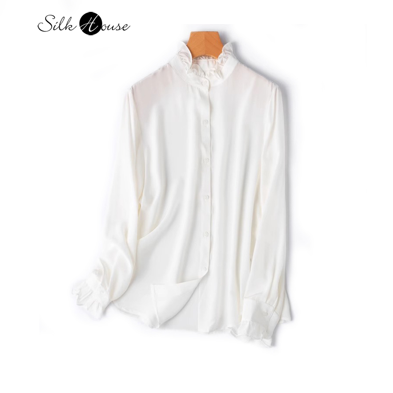 Silk Blouse Button - 2025 女性のファッション新 100% 天然桑シルク 04 クレープデシン白フレンチ耳襟長袖シャツ