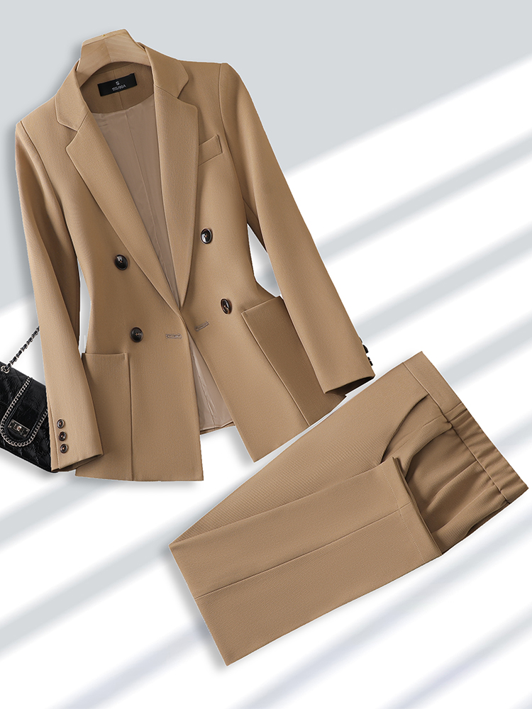Women Formal Wear Blazers - 女性のためのブレザーとズボンのスーツ、オフィス、ビジネス、仕事のためのフォーマルなパンツスーツ、女性のファッション、ベージュ、黒、カーキ、ポケット付き2ピースセット