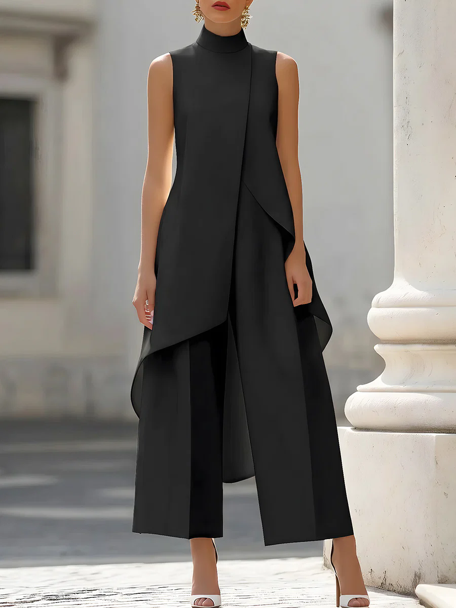 Women Formal Wear Pants - ノースリーブハイネックアシンメトリーオーバーレイジャンプスーツワイドレッグパラッツォパンツエレガントフォーマルイブニングウェア（女性用）