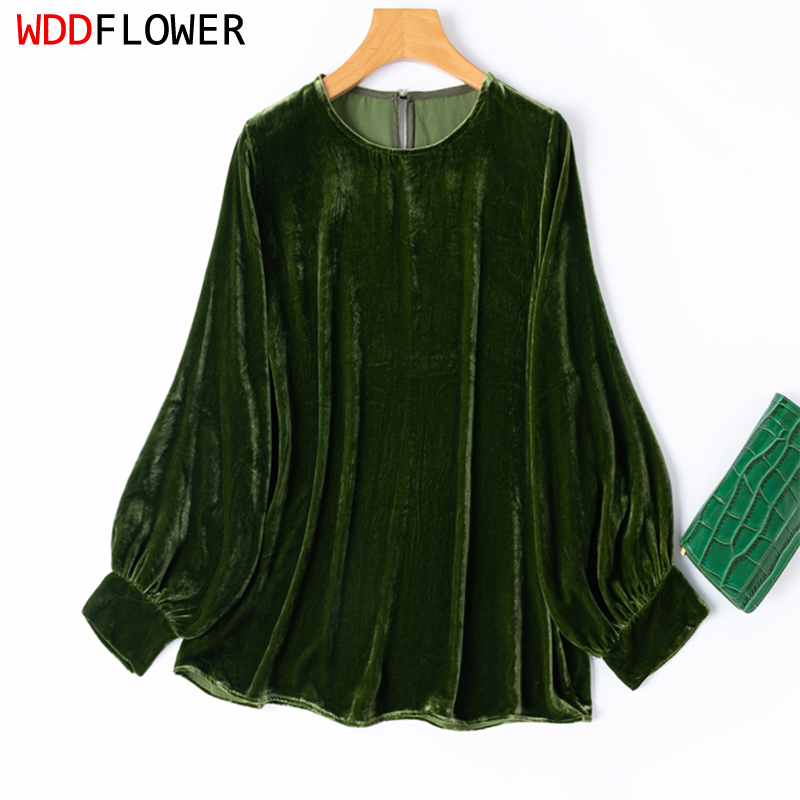 Silk Blouse Button - 女性用シルクベルベットブラウス 100% マルベリーシルク裏地 ダークグリーン 長袖シャツトップ プルオーバー