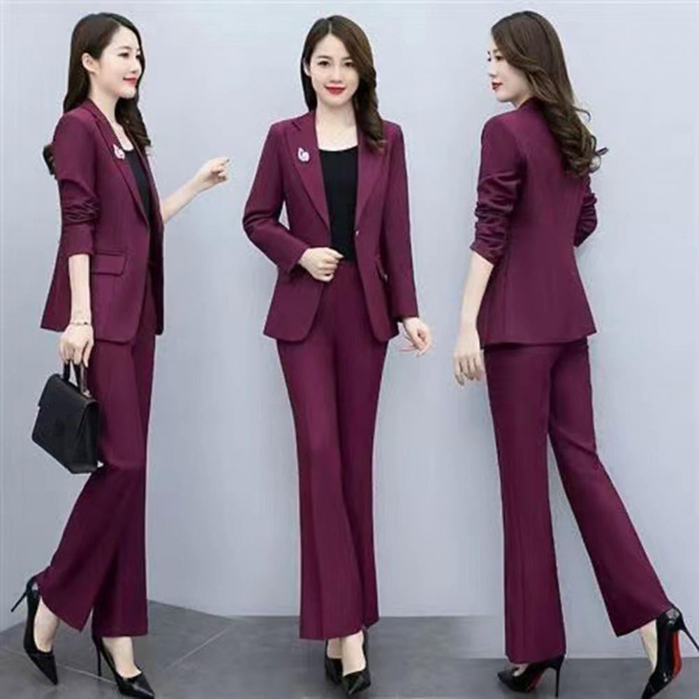 Women Formal Wear Pants - 2点セット レディースフォーマルコートパンツセット 襟付き長袖スーツジャケット スリムフィット 無地フレアパンツ デイリーウェア