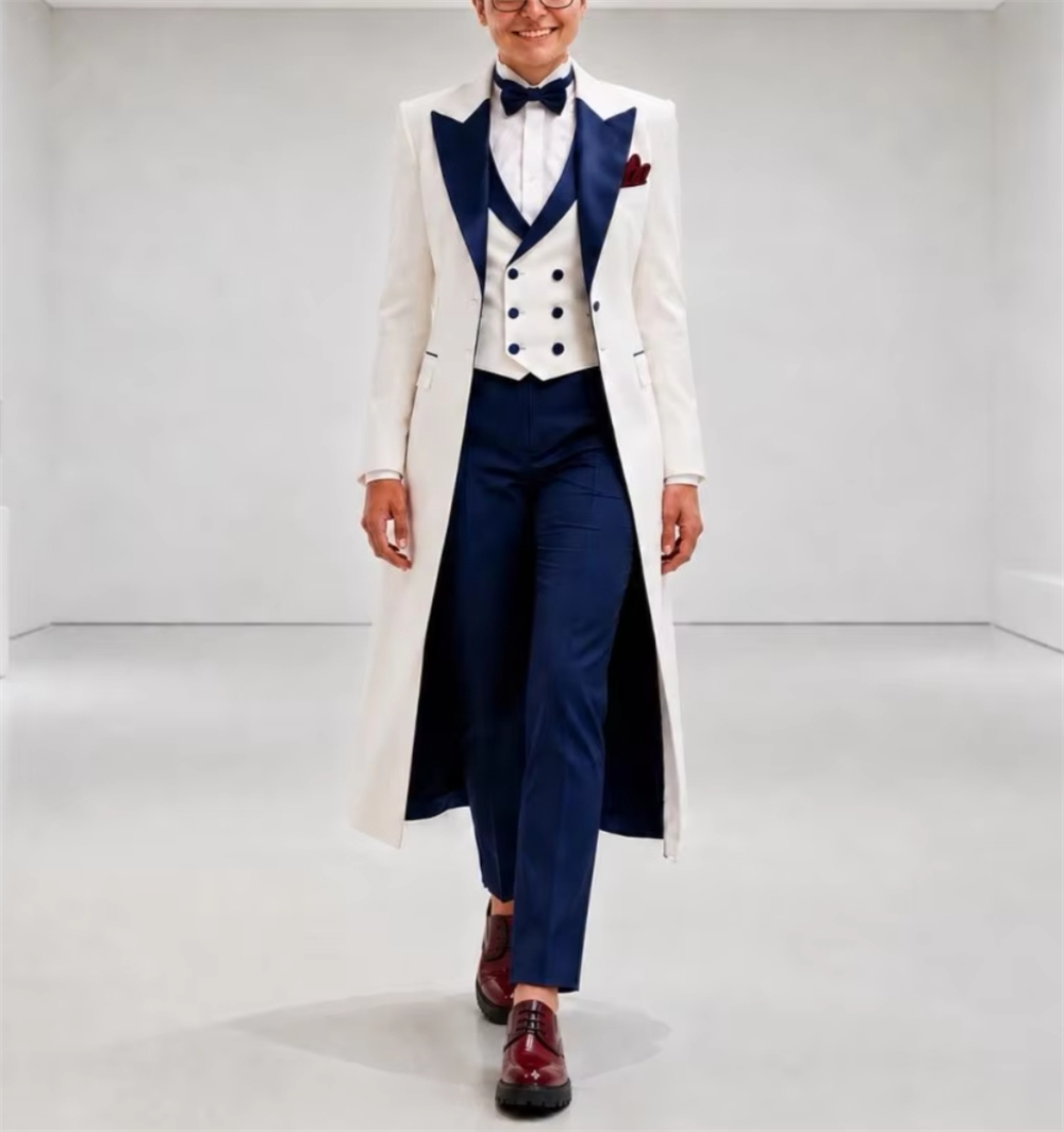 Women Formal Wear Blazers - ネイビーブルーとホワイトのレディースジャケットスーツ エレガントなテーラードオフィスウェア 結婚式ゲスト用衣装 レディースブレザー（ジャケットのみ）