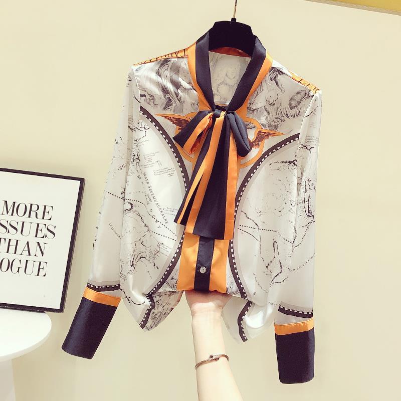 女性用シルクシフォンスカーフ,韓国プリント,長袖,ブラウス, - Silk Blouse Button のレビューと価格