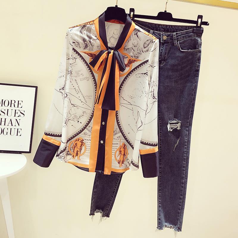 女性用シルクシフォンスカーフ,韓国プリント,長袖,ブラウス, - Silk Blouse Button のレビューと価格