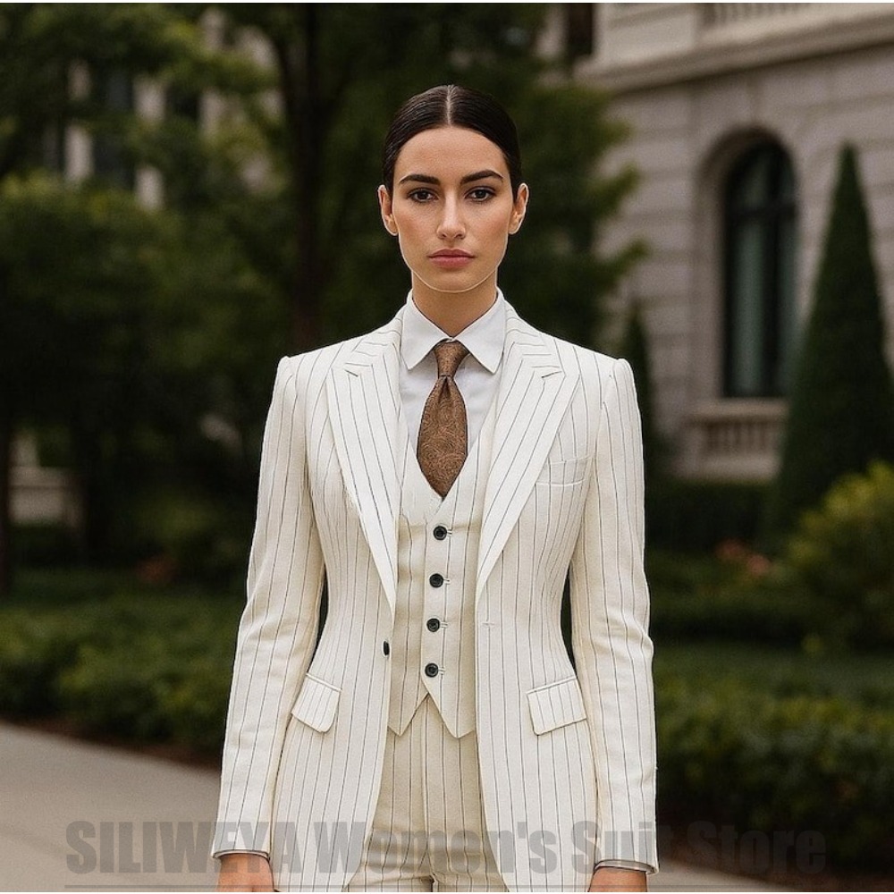 白のストライプ柄レディーススーツ3点セット、シックなピークド - Women Formal Wear White Shirt のレビューと価格