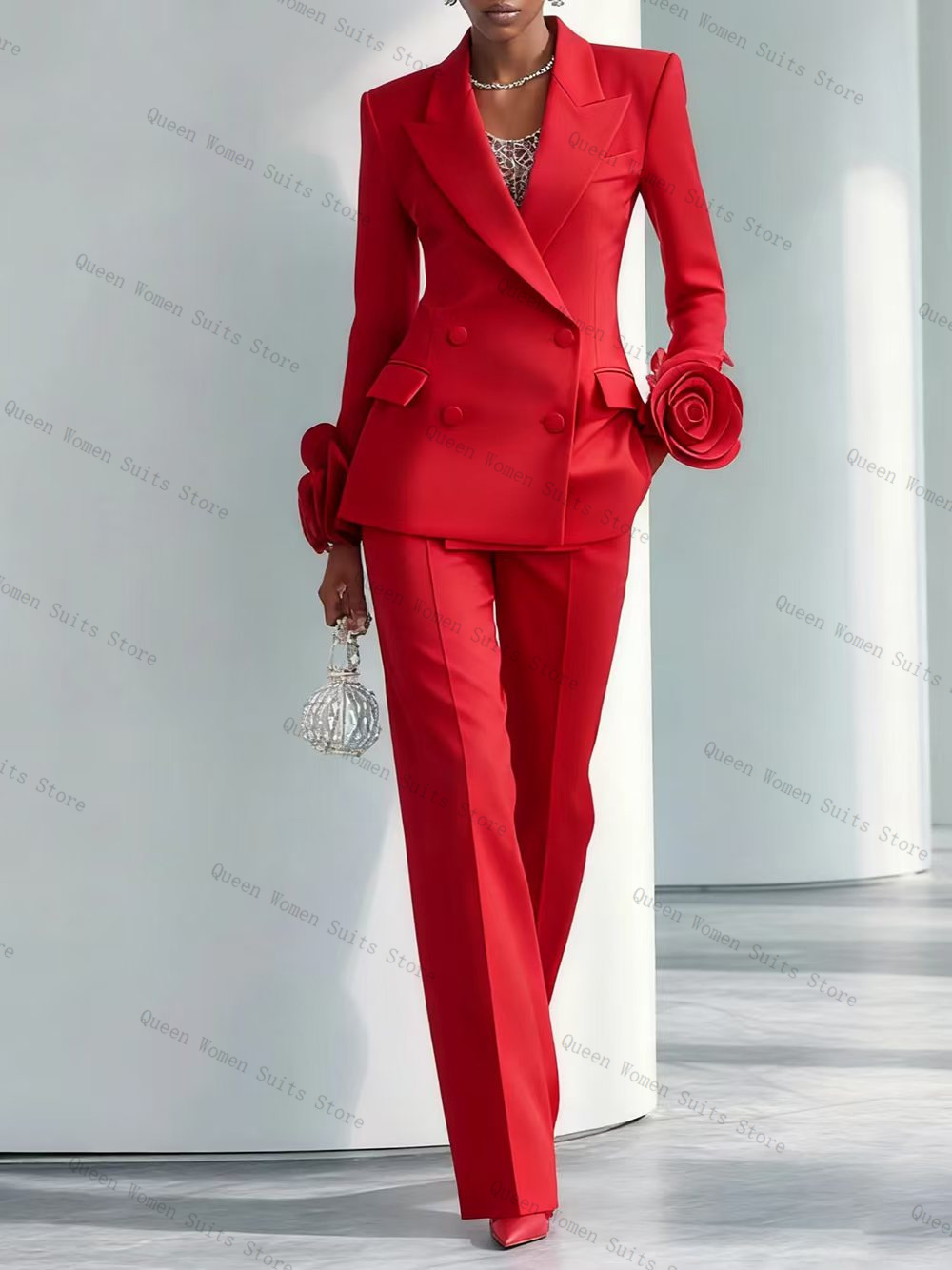高級レッド女性スーツセット 2 個ブレザー + パンツズボン - Women Luxury Formal Wear のレビューと価格