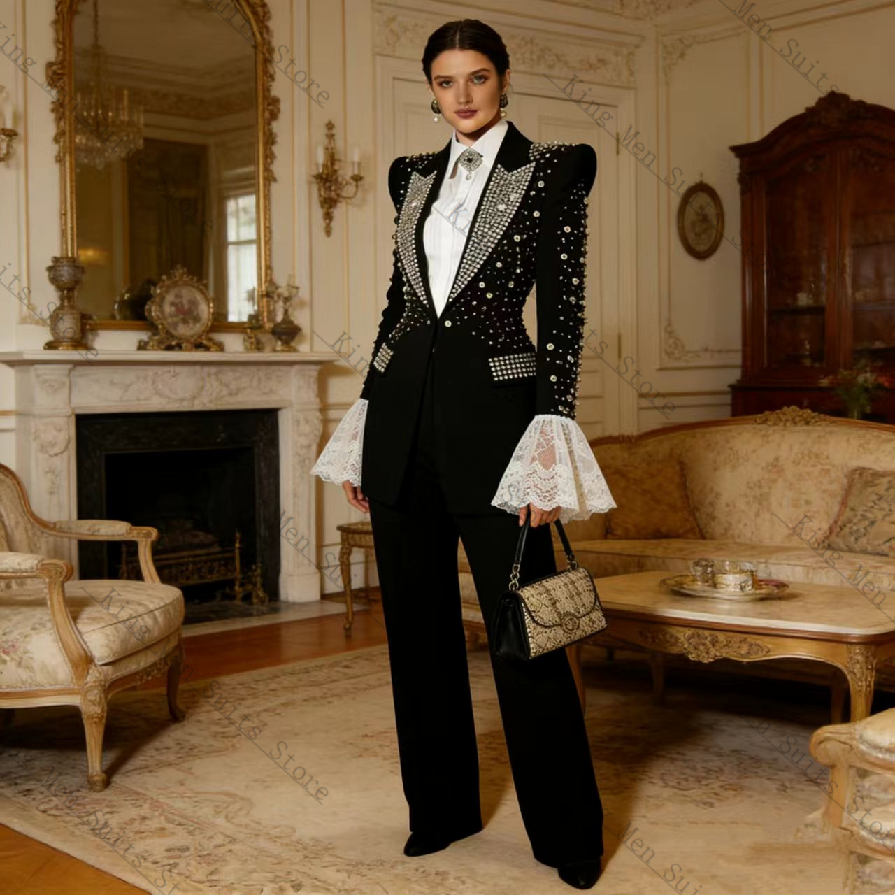クリスタルブラック女性スーツセット 2 個ブレザー + パン - Women Luxury Formal Wear のレビューと価格